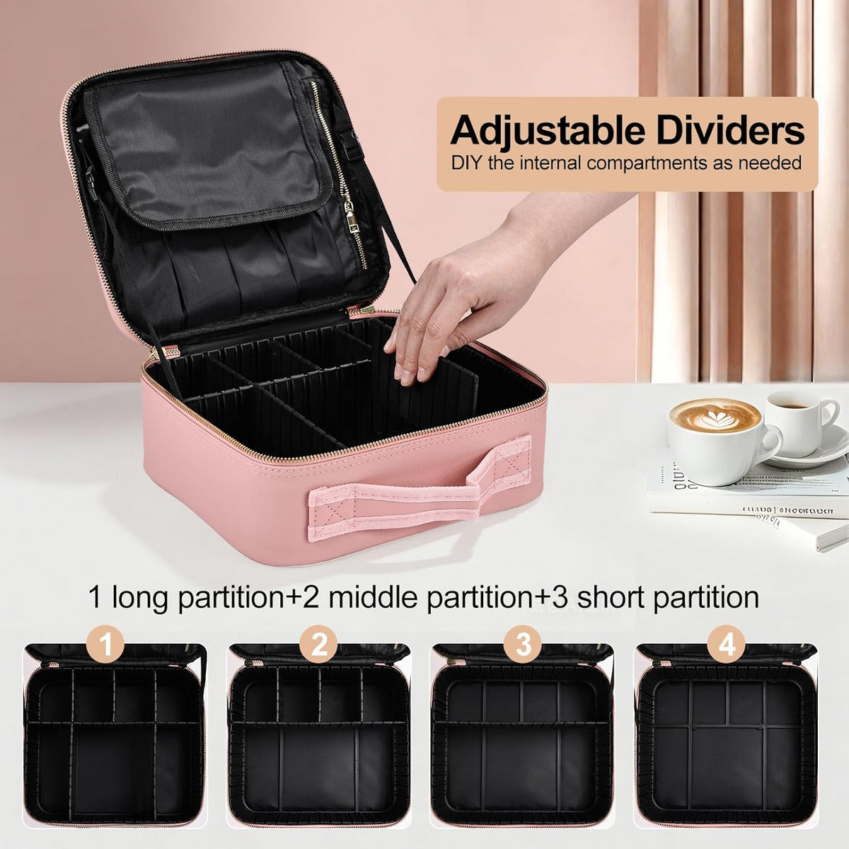 Travel Makeup Bag, Professional Cosmetic Train Case Organizer, Portable Travel Cosmetic Brush Bag Holder Makeup Artist Storage Box with Adjustable Dividers and Shoulder Strap, Black