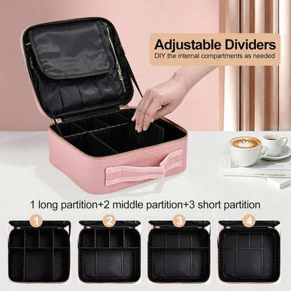 Travel Makeup Bag, Professional Cosmetic Train Case Organizer, Portable Travel Cosmetic Brush Bag Holder Makeup Artist Storage Box with Adjustable Dividers and Shoulder Strap, Black