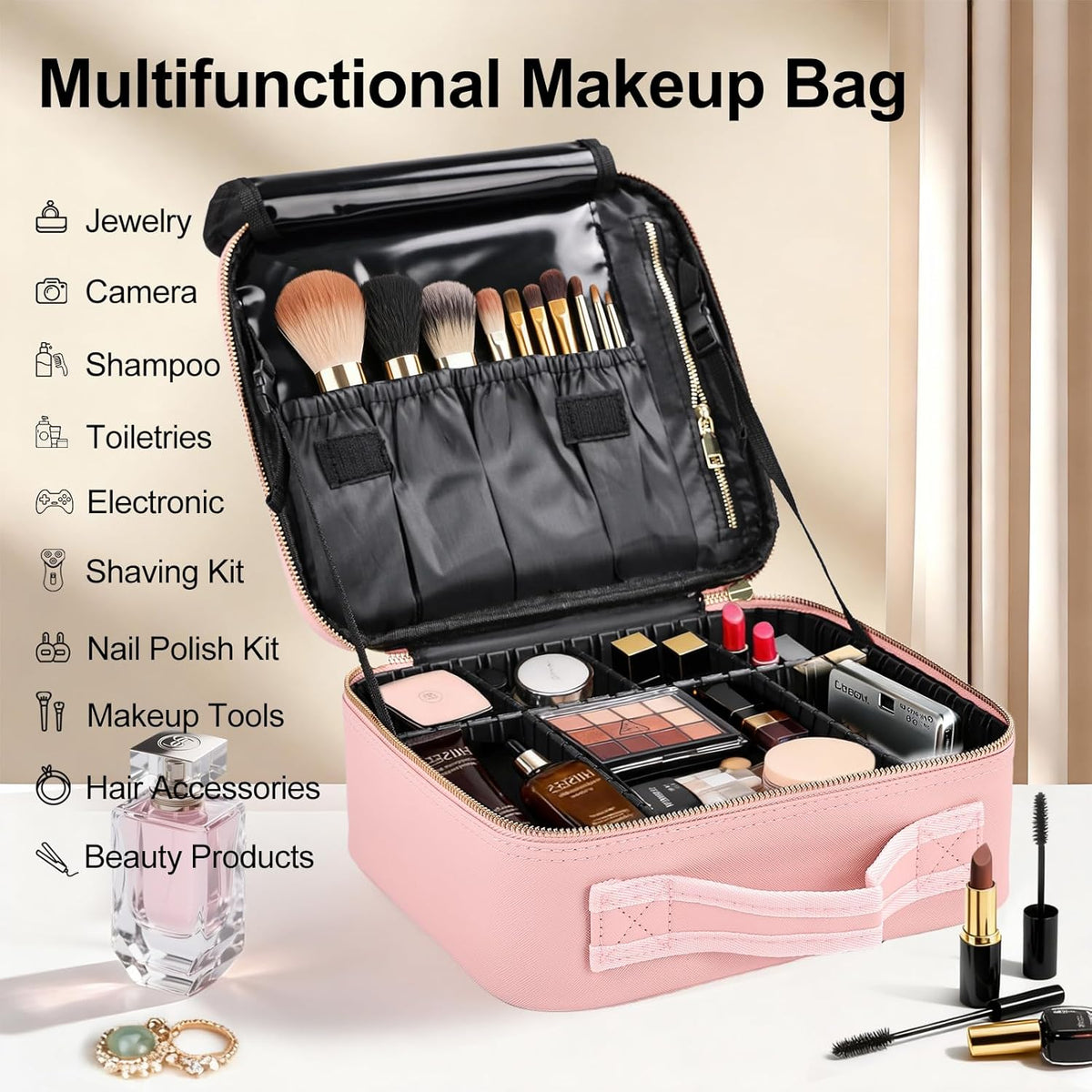 Travel Makeup Bag, Professional Cosmetic Train Case Organizer, Portable Travel Cosmetic Brush Bag Holder Makeup Artist Storage Box with Adjustable Dividers and Shoulder Strap, Black