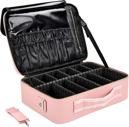 Travel Makeup Bag, Professional Cosmetic Train Case Organizer, Portable Travel Cosmetic Brush Bag Holder Makeup Artist Storage Box with Adjustable Dividers and Shoulder Strap, Black