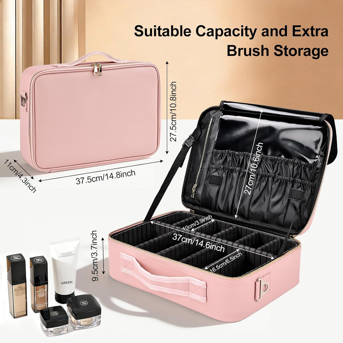 Travel Makeup Bag, Professional Cosmetic Train Case Organizer, Portable Travel Cosmetic Brush Bag Holder Makeup Artist Storage Box with Adjustable Dividers and Shoulder Strap, Black
