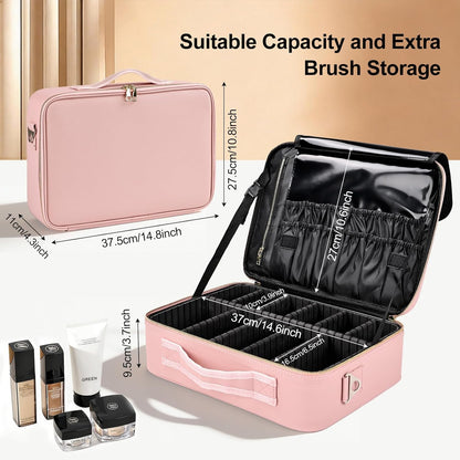 Travel Makeup Bag, Professional Cosmetic Train Case Organizer, Portable Travel Cosmetic Brush Bag Holder Makeup Artist Storage Box with Adjustable Dividers and Shoulder Strap, Black