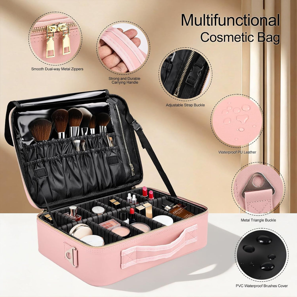 Travel Makeup Bag, Professional Cosmetic Train Case Organizer, Portable Travel Cosmetic Brush Bag Holder Makeup Artist Storage Box with Adjustable Dividers and Shoulder Strap, Black