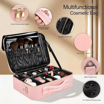 Travel Makeup Bag, Professional Cosmetic Train Case Organizer, Portable Travel Cosmetic Brush Bag Holder Makeup Artist Storage Box with Adjustable Dividers and Shoulder Strap, Black