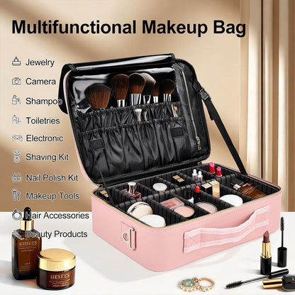 Travel Makeup Bag, Professional Cosmetic Train Case Organizer, Portable Travel Cosmetic Brush Bag Holder Makeup Artist Storage Box with Adjustable Dividers and Shoulder Strap, Black