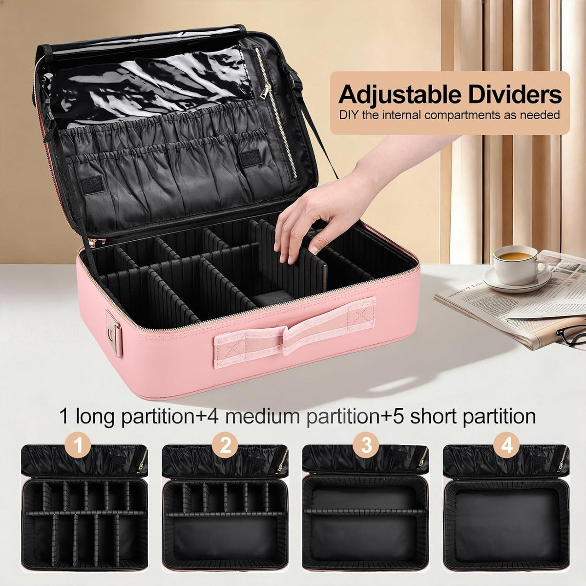 Travel Makeup Bag, Professional Cosmetic Train Case Organizer, Portable Travel Cosmetic Brush Bag Holder Makeup Artist Storage Box with Adjustable Dividers and Shoulder Strap, Black