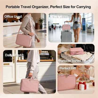 Travel Makeup Bag, Professional Cosmetic Train Case Organizer, Portable Travel Cosmetic Brush Bag Holder Makeup Artist Storage Box with Adjustable Dividers and Shoulder Strap, Black