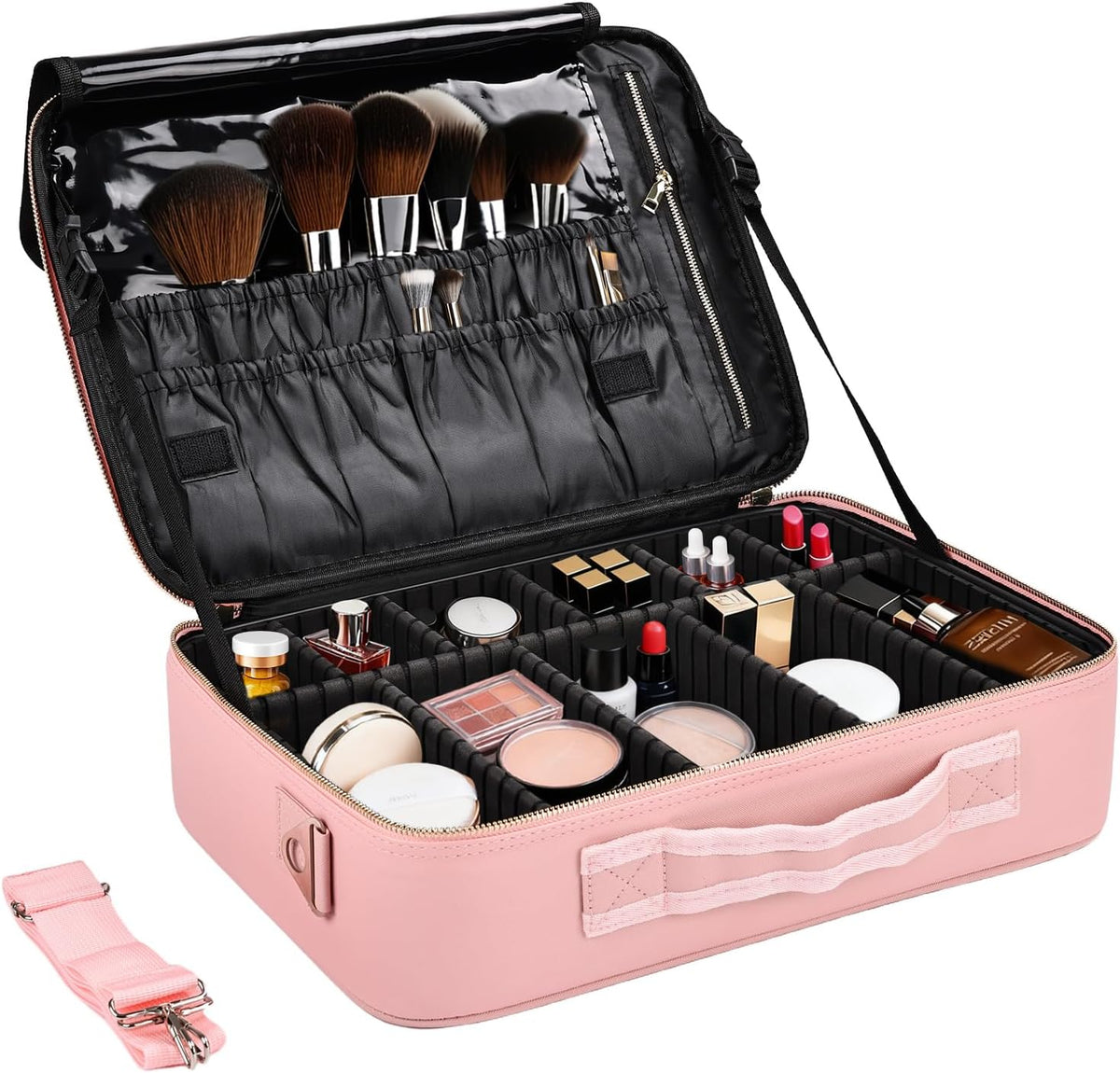Travel Makeup Bag, Professional Cosmetic Train Case Organizer, Portable Travel Cosmetic Brush Bag Holder Makeup Artist Storage Box with Adjustable Dividers and Shoulder Strap, Black
