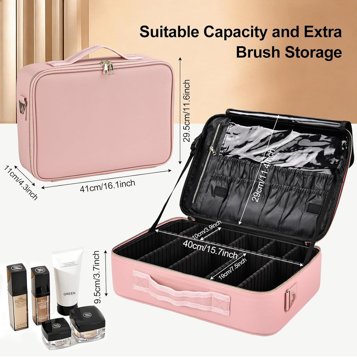 Travel Makeup Bag, Professional Cosmetic Train Case Organizer, Portable Travel Cosmetic Brush Bag Holder Makeup Artist Storage Box with Adjustable Dividers and Shoulder Strap, Black