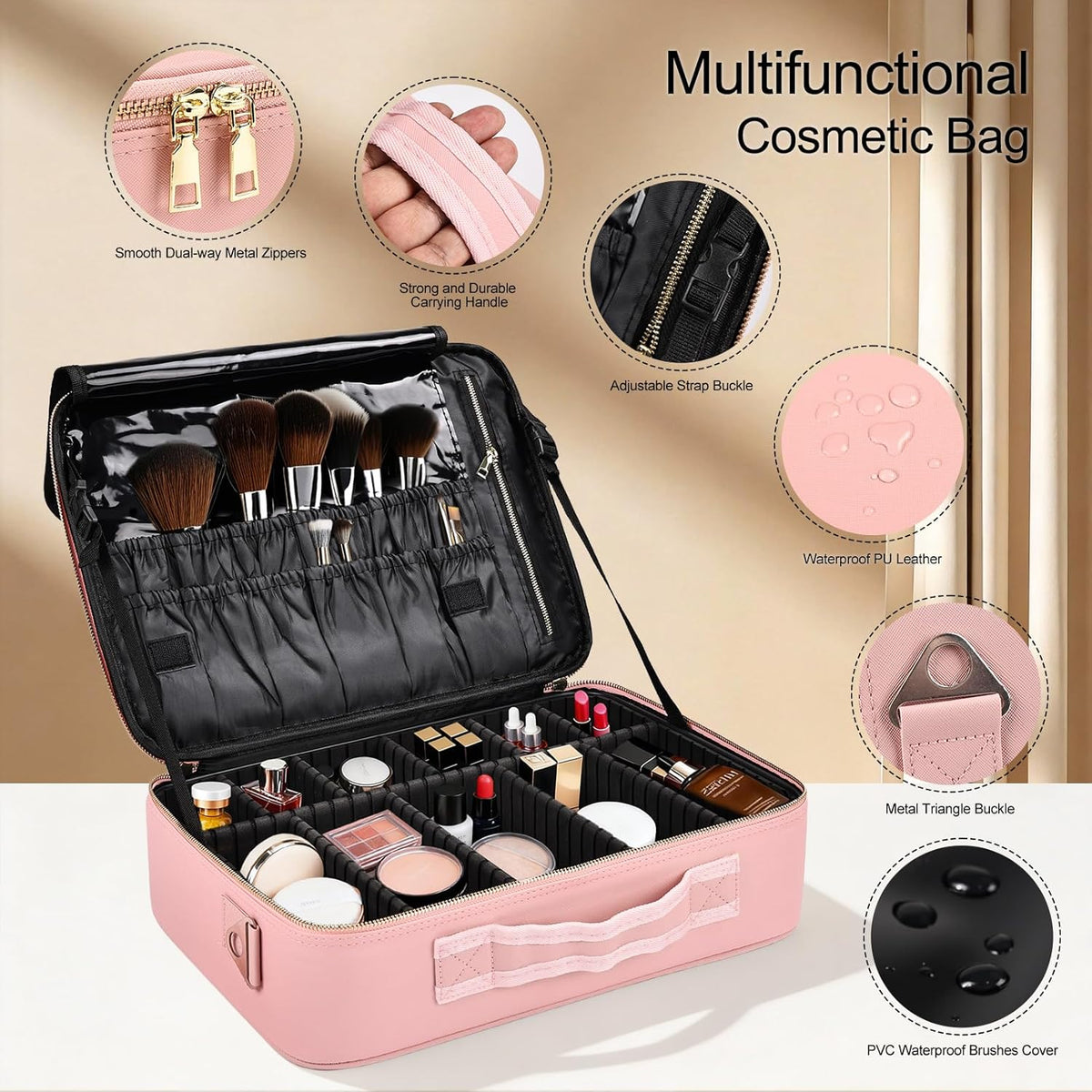 Travel Makeup Bag, Professional Cosmetic Train Case Organizer, Portable Travel Cosmetic Brush Bag Holder Makeup Artist Storage Box with Adjustable Dividers and Shoulder Strap, Black