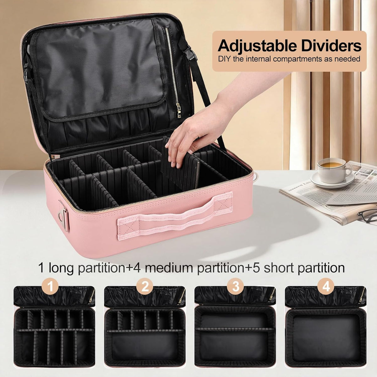 Travel Makeup Bag, Professional Cosmetic Train Case Organizer, Portable Travel Cosmetic Brush Bag Holder Makeup Artist Storage Box with Adjustable Dividers and Shoulder Strap, Black