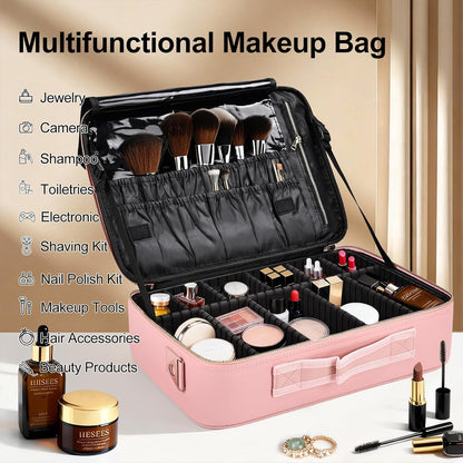 Travel Makeup Bag, Professional Cosmetic Train Case Organizer, Portable Travel Cosmetic Brush Bag Holder Makeup Artist Storage Box with Adjustable Dividers and Shoulder Strap, Black