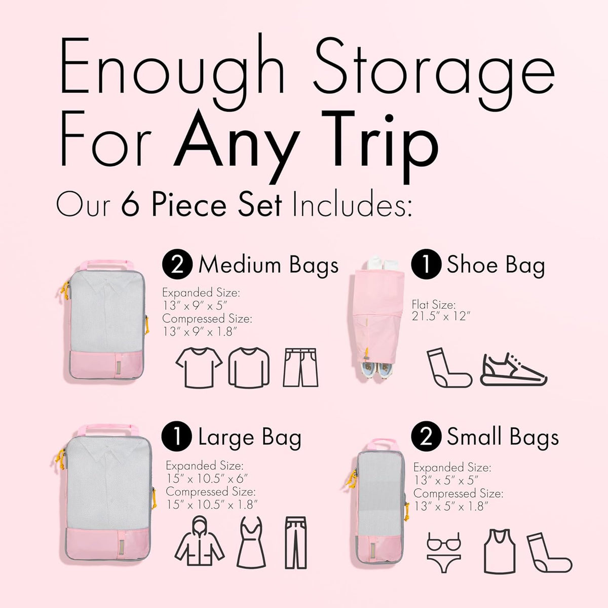 (Not Made In China) Compression Packing Cubes For Travel, Suitcase and Luggage Space Saver Organizer Bags, Lightweight, Waterproof Nylon, Durable, 4pc Set, White
