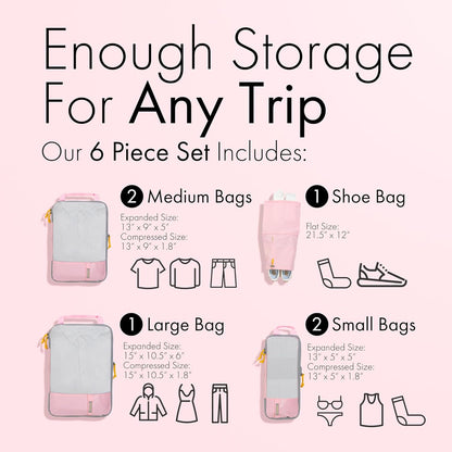 (Not Made In China) Compression Packing Cubes For Travel, Suitcase and Luggage Space Saver Organizer Bags, Lightweight, Waterproof Nylon, Durable, 4pc Set, White