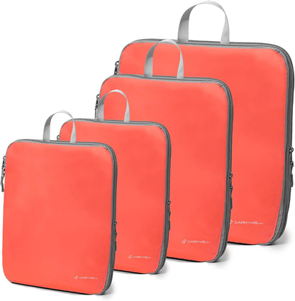 (Not Made In China) Compression Packing Cubes For Travel, Suitcase and Luggage Space Saver Organizer Bags, Lightweight, Waterproof Nylon, Durable, 4pc Set, White