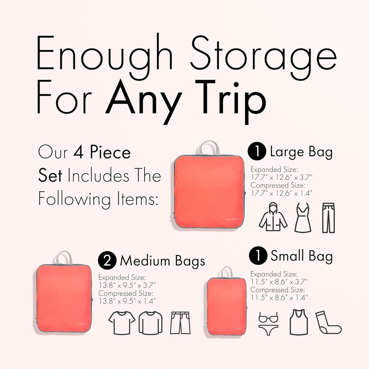 (Not Made In China) Compression Packing Cubes For Travel, Suitcase and Luggage Space Saver Organizer Bags, Lightweight, Waterproof Nylon, Durable, 4pc Set, White