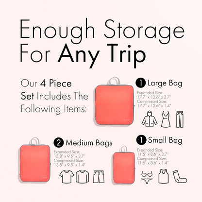 (Not Made In China) Compression Packing Cubes For Travel, Suitcase and Luggage Space Saver Organizer Bags, Lightweight, Waterproof Nylon, Durable, 4pc Set, White