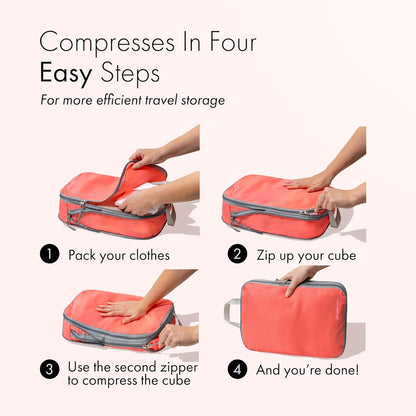 (Not Made In China) Compression Packing Cubes For Travel, Suitcase and Luggage Space Saver Organizer Bags, Lightweight, Waterproof Nylon, Durable, 4pc Set, White