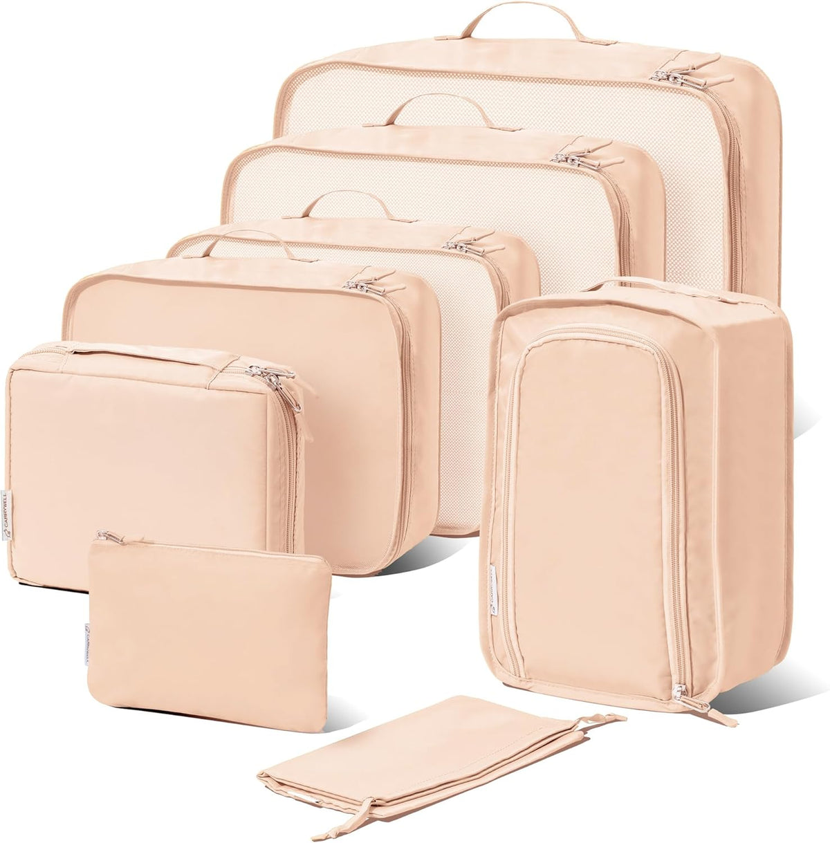 (Not Made In China) Compression Packing Cubes For Travel, Suitcase and Luggage Space Saver Organizer Bags, Lightweight, Waterproof Nylon, Durable, 4pc Set, White