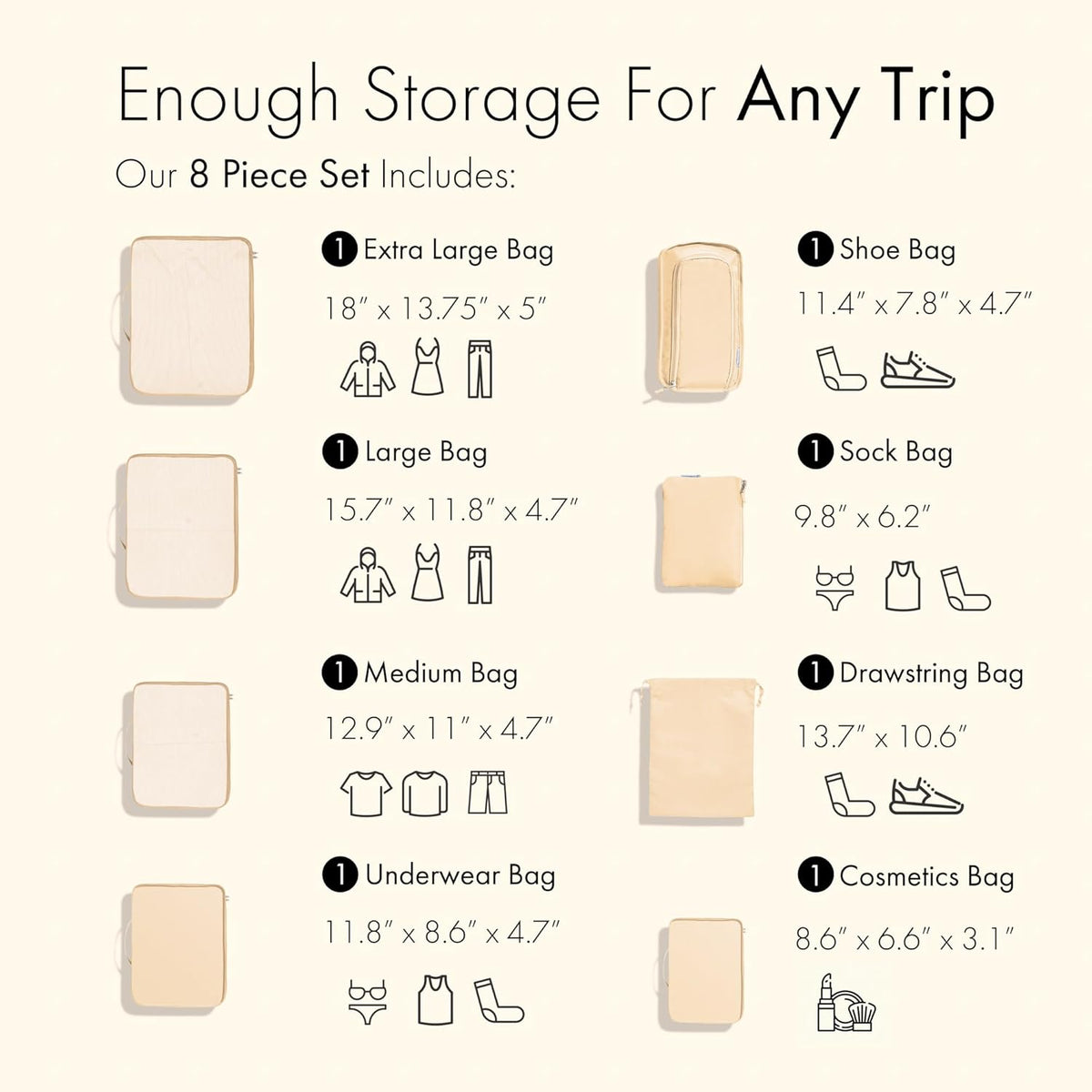 (Not Made In China) Compression Packing Cubes For Travel, Suitcase and Luggage Space Saver Organizer Bags, Lightweight, Waterproof Nylon, Durable, 4pc Set, White