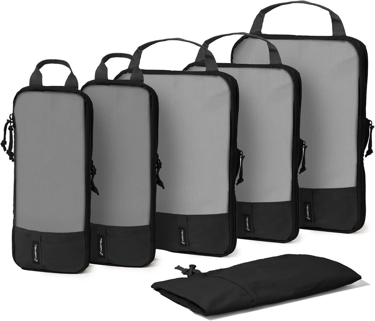 (Not Made In China) Compression Packing Cubes For Travel, Suitcase and Luggage Space Saver Organizer Bags, Lightweight, Waterproof Nylon, Durable, 4pc Set, White