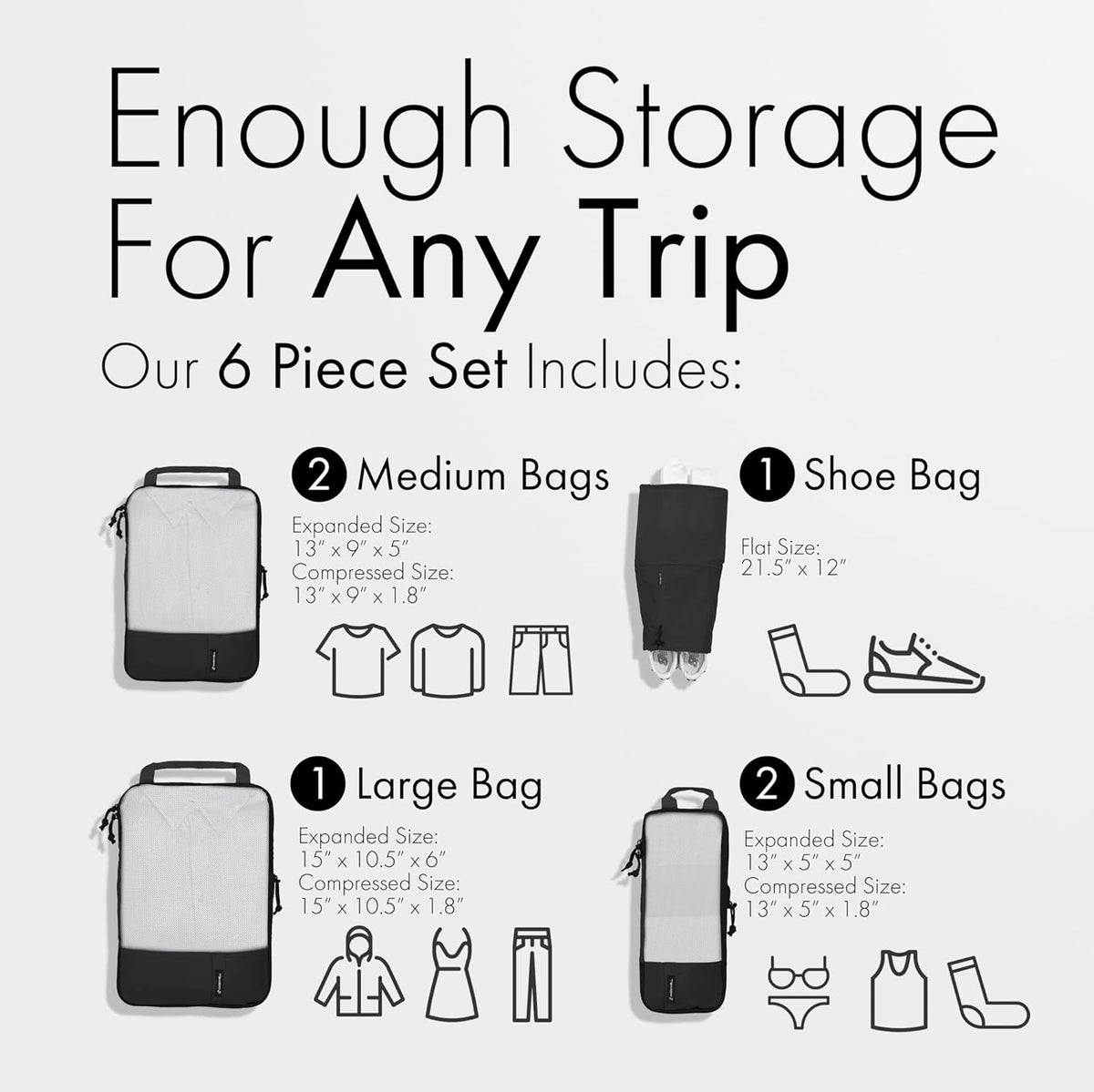 (Not Made In China) Compression Packing Cubes For Travel, Suitcase and Luggage Space Saver Organizer Bags, Lightweight, Waterproof Nylon, Durable, 4pc Set, White