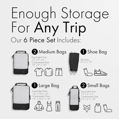 (Not Made In China) Compression Packing Cubes For Travel, Suitcase and Luggage Space Saver Organizer Bags, Lightweight, Waterproof Nylon, Durable, 4pc Set, White