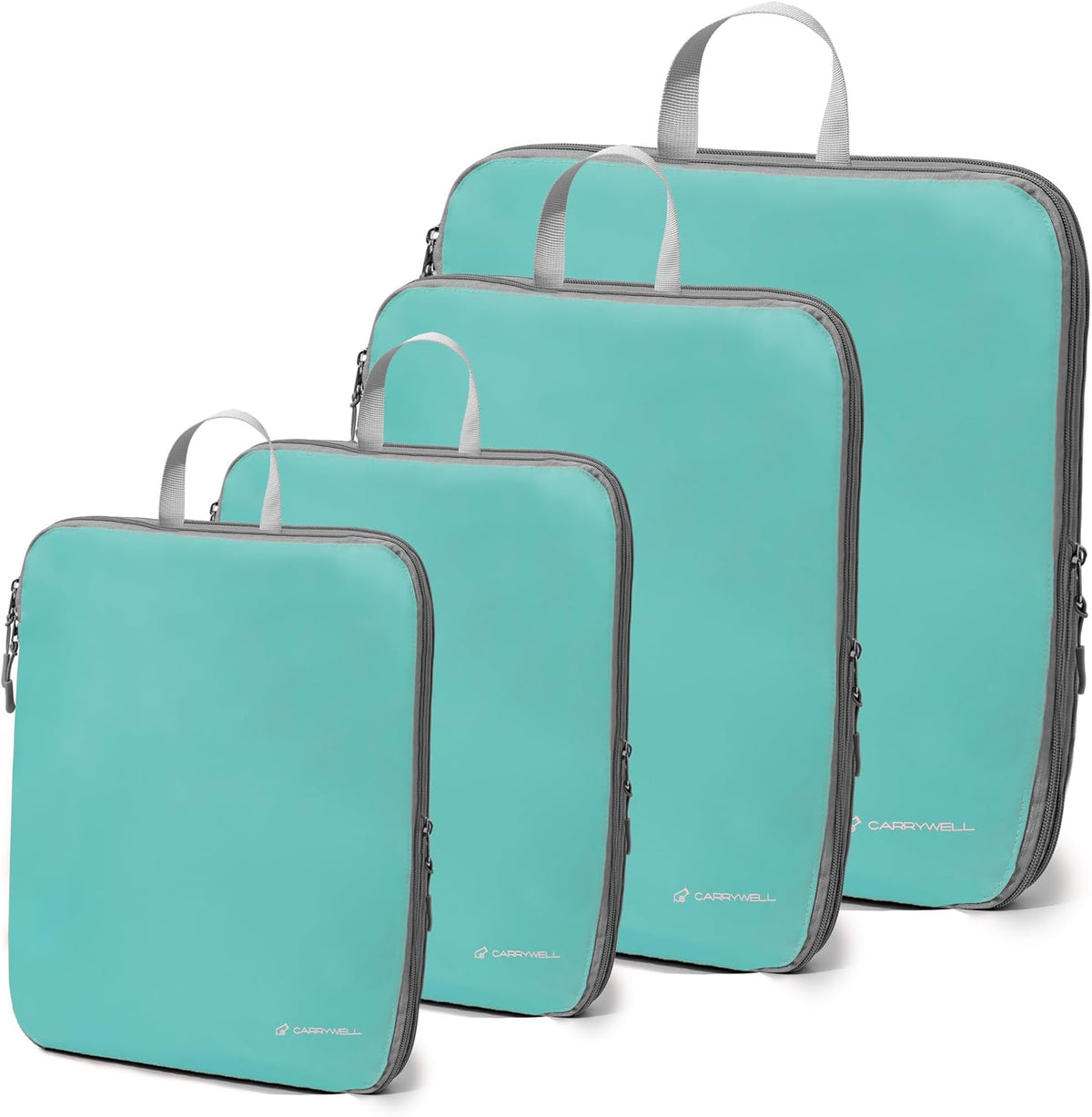 (Not Made In China) Compression Packing Cubes For Travel, Suitcase and Luggage Space Saver Organizer Bags, Lightweight, Waterproof Nylon, Durable, 4pc Set, White