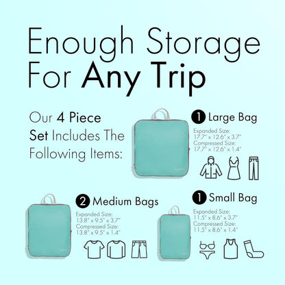 (Not Made In China) Compression Packing Cubes For Travel, Suitcase and Luggage Space Saver Organizer Bags, Lightweight, Waterproof Nylon, Durable, 4pc Set, White