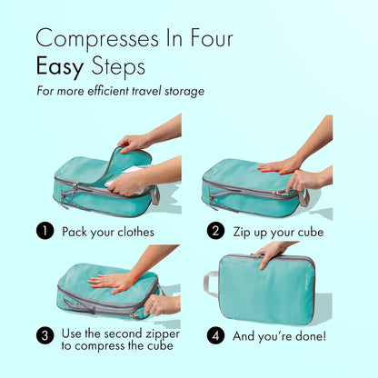 (Not Made In China) Compression Packing Cubes For Travel, Suitcase and Luggage Space Saver Organizer Bags, Lightweight, Waterproof Nylon, Durable, 4pc Set, White