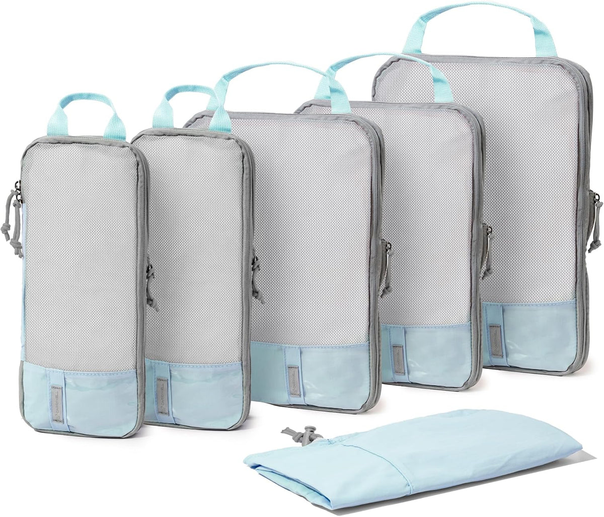 (Not Made In China) Compression Packing Cubes For Travel, Suitcase and Luggage Space Saver Organizer Bags, Lightweight, Waterproof Nylon, Durable, 4pc Set, White