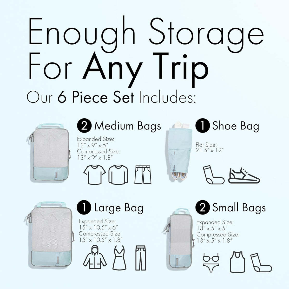 (Not Made In China) Compression Packing Cubes For Travel, Suitcase and Luggage Space Saver Organizer Bags, Lightweight, Waterproof Nylon, Durable, 4pc Set, White
