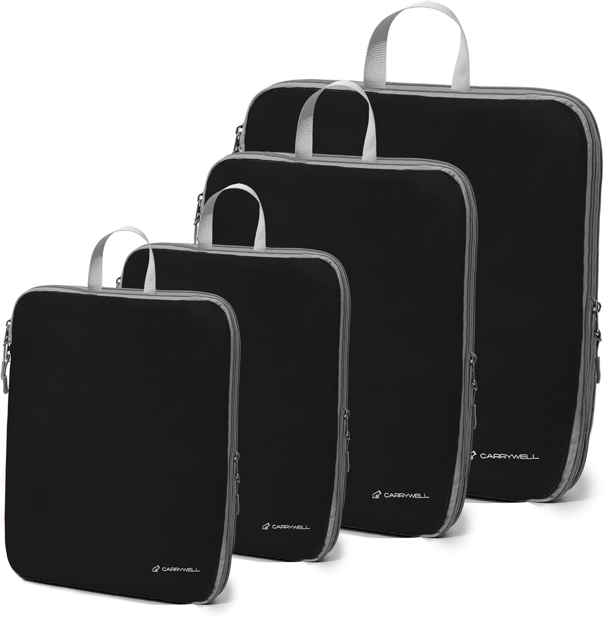 (Not Made In China) Compression Packing Cubes For Travel, Suitcase and Luggage Space Saver Organizer Bags, Lightweight, Waterproof Nylon, Durable, 4pc Set, White