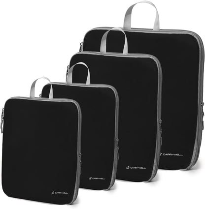 (Not Made In China) Compression Packing Cubes For Travel, Suitcase and Luggage Space Saver Organizer Bags, Lightweight, Waterproof Nylon, Durable, 4pc Set, White
