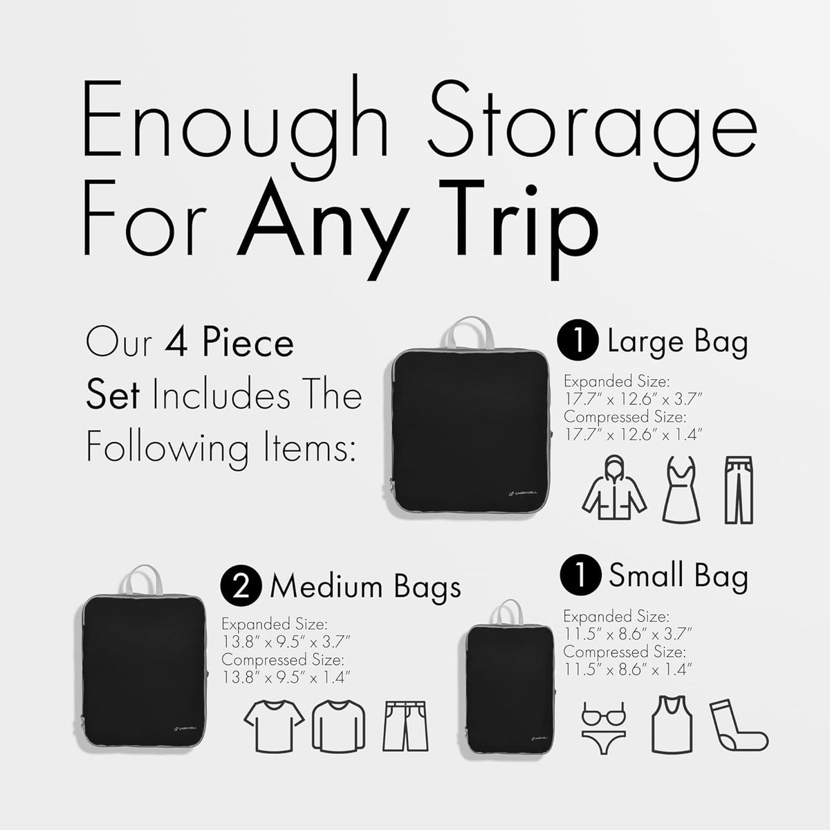 (Not Made In China) Compression Packing Cubes For Travel, Suitcase and Luggage Space Saver Organizer Bags, Lightweight, Waterproof Nylon, Durable, 4pc Set, White