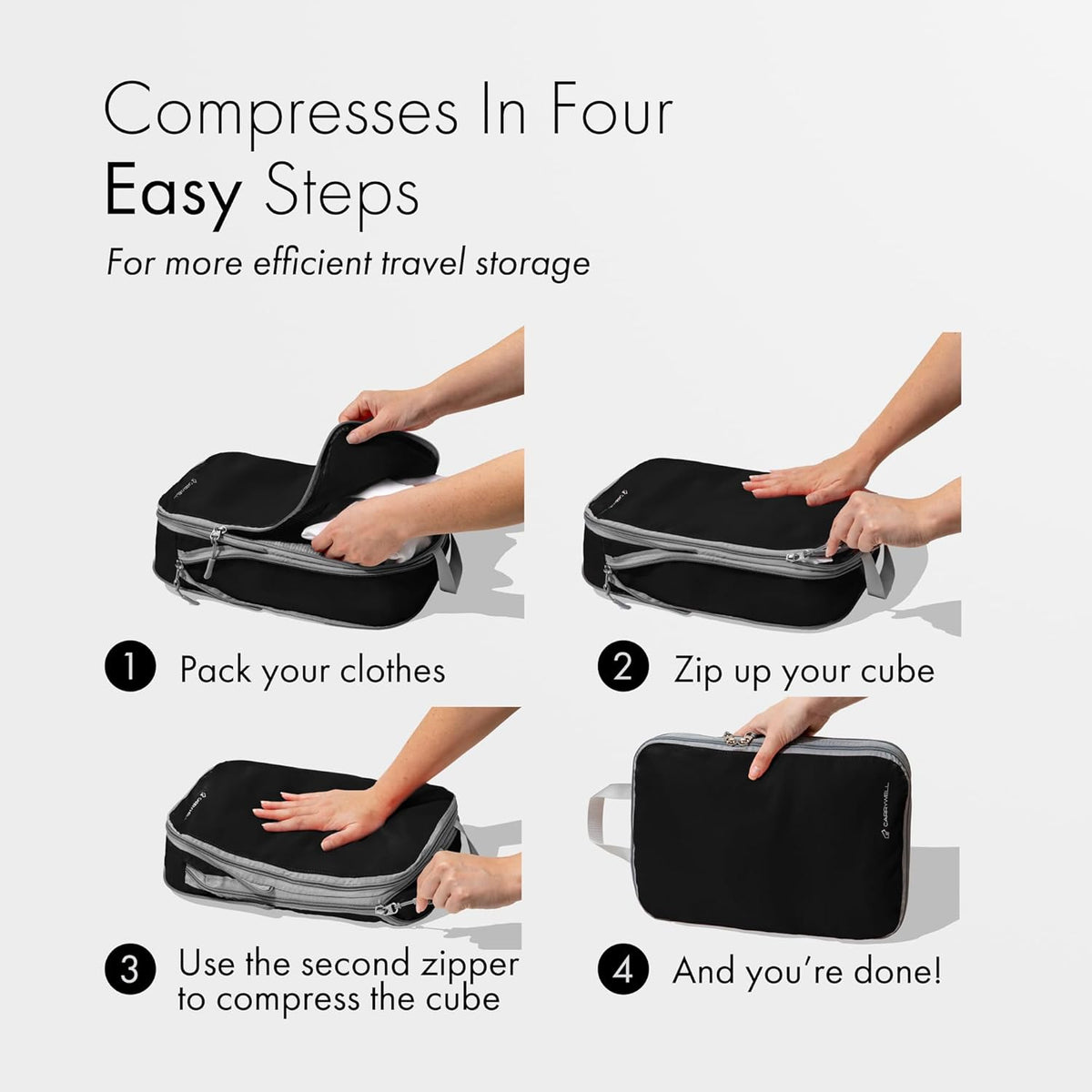 (Not Made In China) Compression Packing Cubes For Travel, Suitcase and Luggage Space Saver Organizer Bags, Lightweight, Waterproof Nylon, Durable, 4pc Set, White