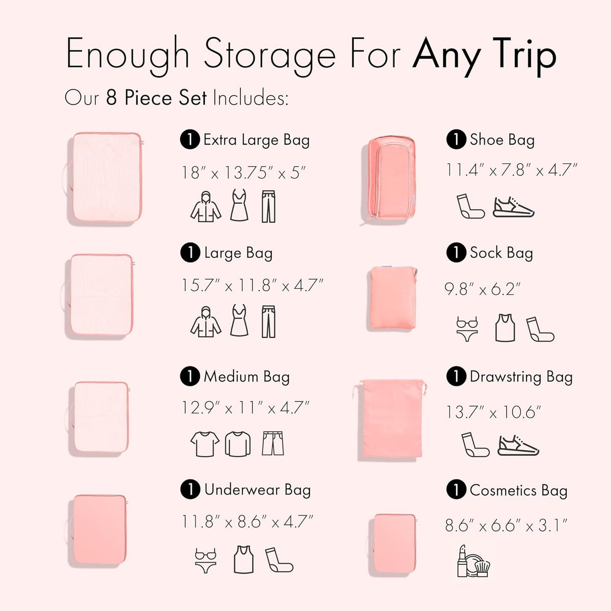 (Not Made In China) Compression Packing Cubes For Travel, Suitcase and Luggage Space Saver Organizer Bags, Lightweight, Waterproof Nylon, Durable, 4pc Set, White