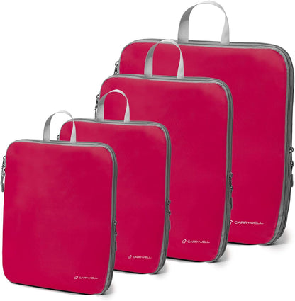 (Not Made In China) Compression Packing Cubes For Travel, Suitcase and Luggage Space Saver Organizer Bags, Lightweight, Waterproof Nylon, Durable, 4pc Set, White