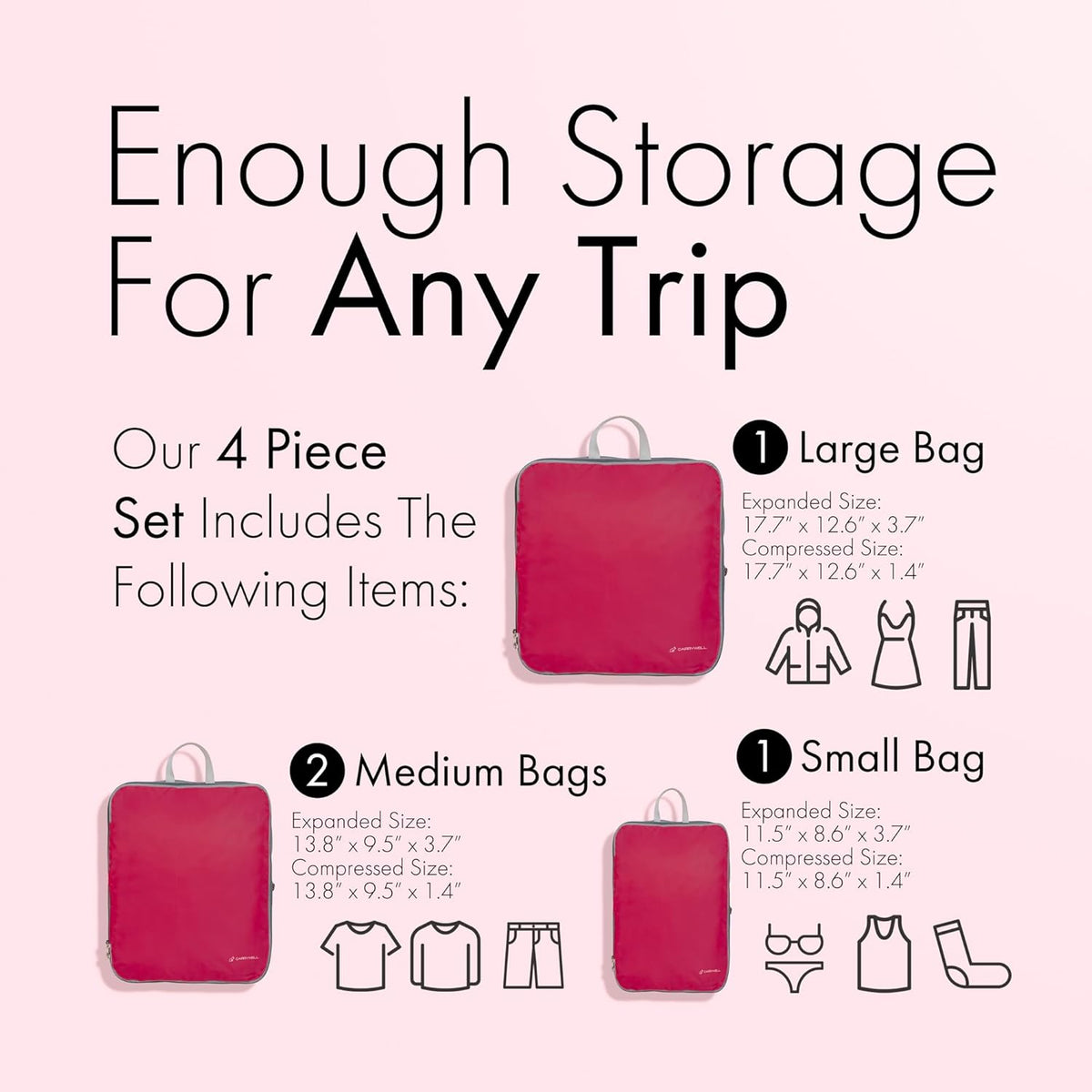 (Not Made In China) Compression Packing Cubes For Travel, Suitcase and Luggage Space Saver Organizer Bags, Lightweight, Waterproof Nylon, Durable, 4pc Set, White