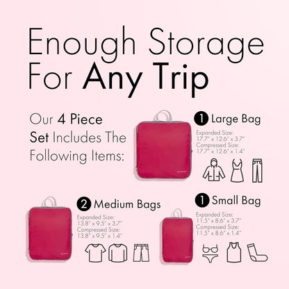 (Not Made In China) Compression Packing Cubes For Travel, Suitcase and Luggage Space Saver Organizer Bags, Lightweight, Waterproof Nylon, Durable, 4pc Set, White
