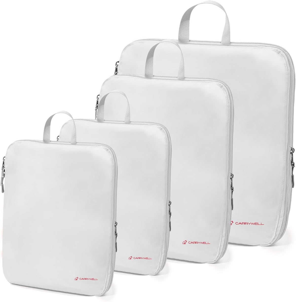 (Not Made In China) Compression Packing Cubes For Travel, Suitcase and Luggage Space Saver Organizer Bags, Lightweight, Waterproof Nylon, Durable, 4pc Set, White
