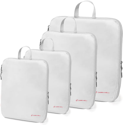 (Not Made In China) Compression Packing Cubes For Travel, Suitcase and Luggage Space Saver Organizer Bags, Lightweight, Waterproof Nylon, Durable, 4pc Set, White