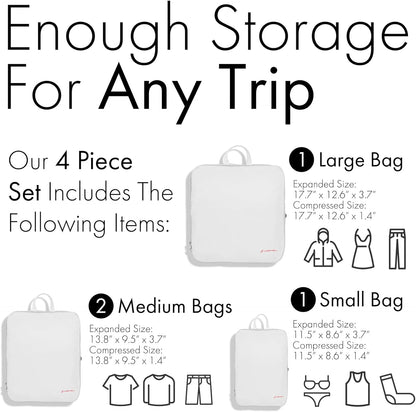 (Not Made In China) Compression Packing Cubes For Travel, Suitcase and Luggage Space Saver Organizer Bags, Lightweight, Waterproof Nylon, Durable, 4pc Set, White