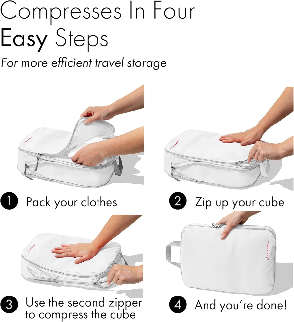 (Not Made In China) Compression Packing Cubes For Travel, Suitcase and Luggage Space Saver Organizer Bags, Lightweight, Waterproof Nylon, Durable, 4pc Set, White