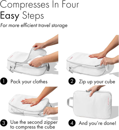 (Not Made In China) Compression Packing Cubes For Travel, Suitcase and Luggage Space Saver Organizer Bags, Lightweight, Waterproof Nylon, Durable, 4pc Set, White