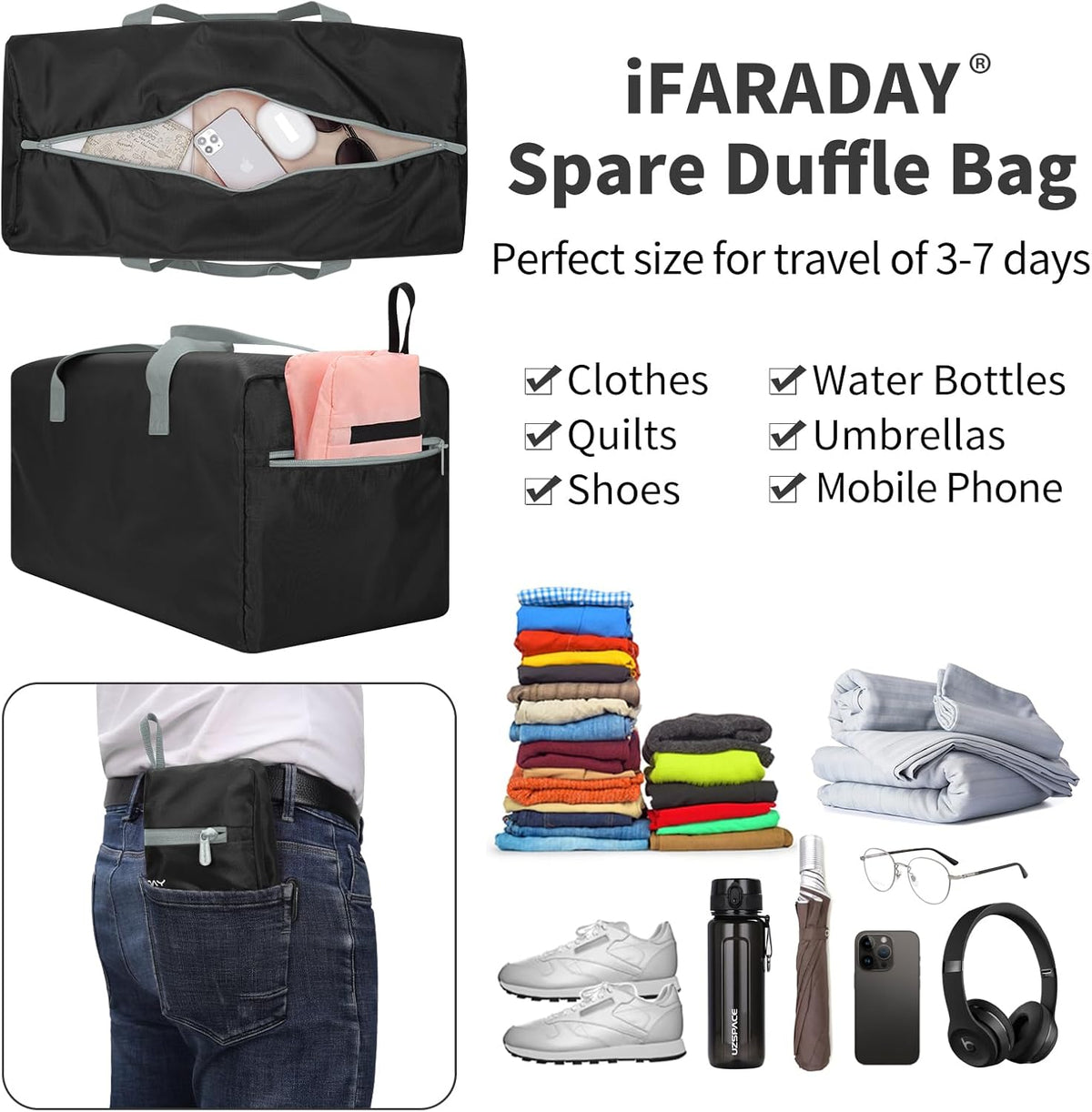 35L Duffle Bag Foldable, 22 inch, Black | Lightweight, Spare Storage Bag for Travel
