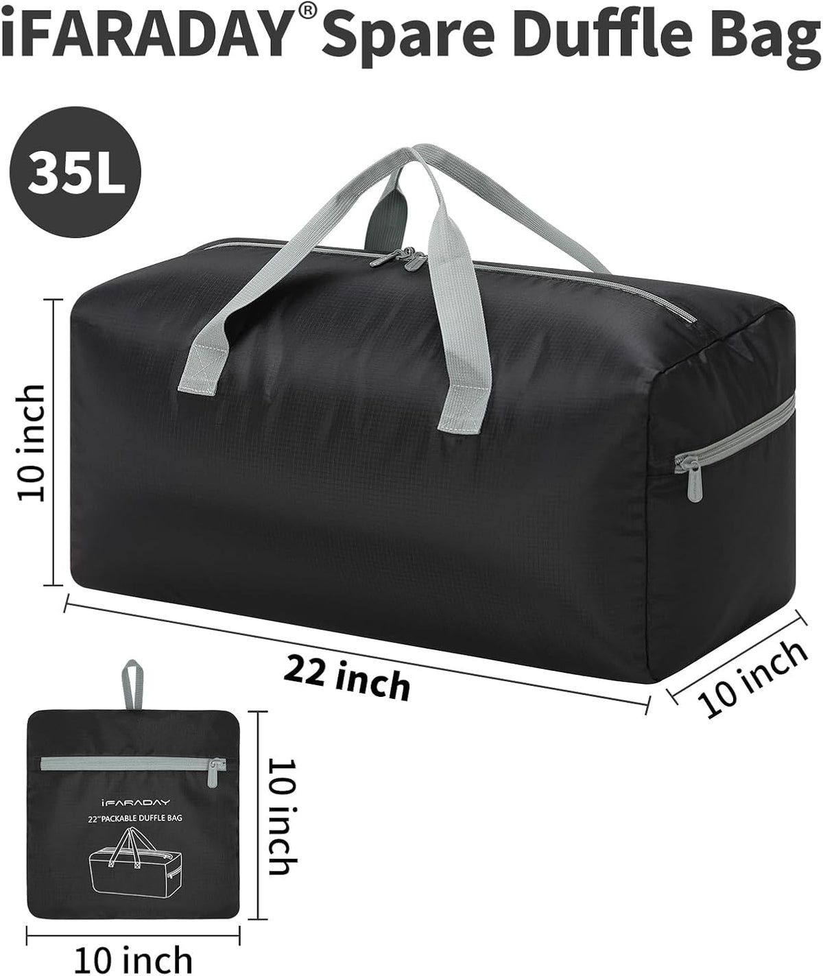 35L Duffle Bag Foldable, 22 inch, Black | Lightweight, Spare Storage Bag for Travel