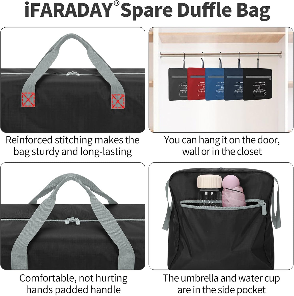 35L Duffle Bag Foldable, 22 inch, Black | Lightweight, Spare Storage Bag for Travel