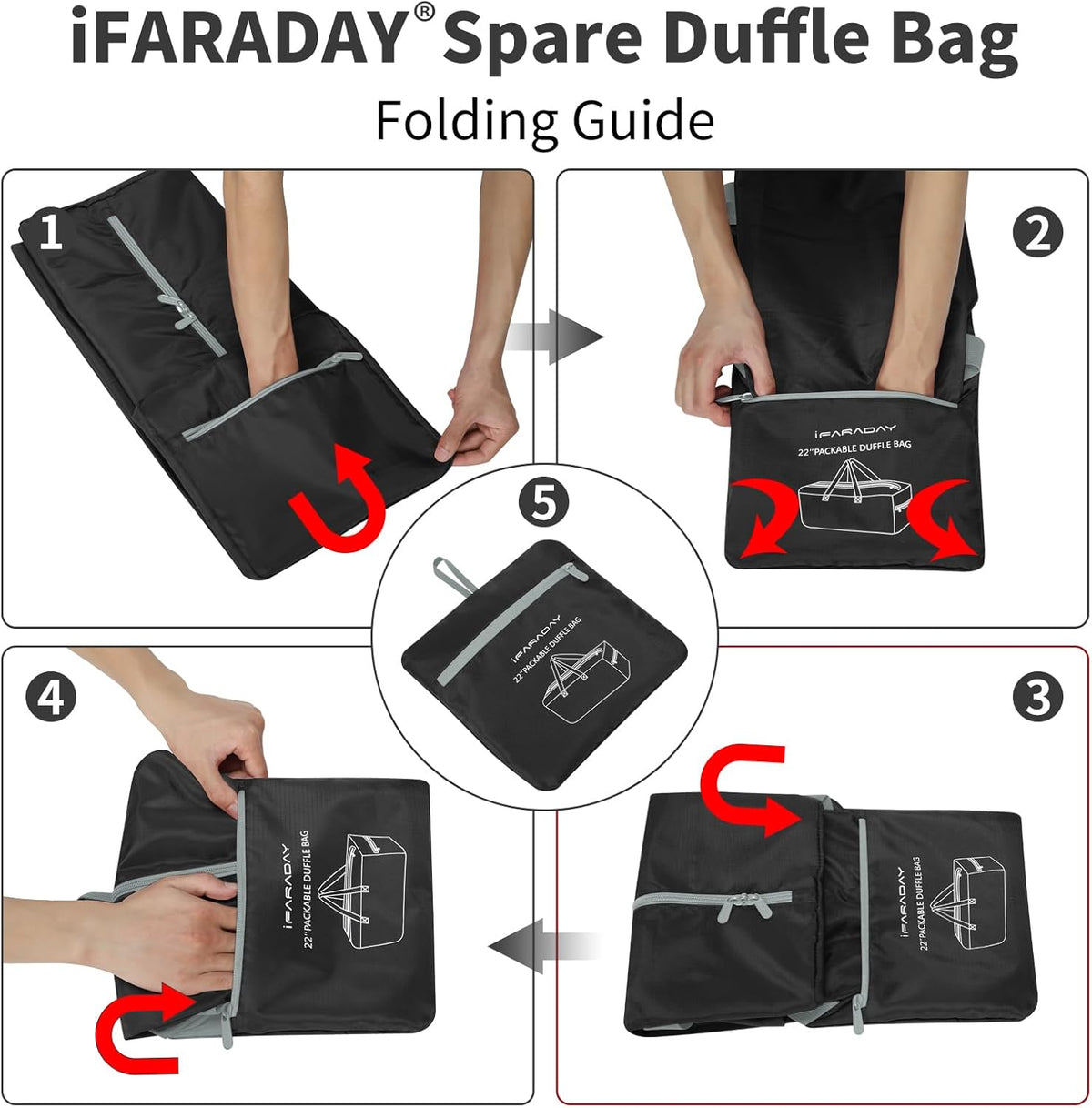 35L Duffle Bag Foldable, 22 inch, Black | Lightweight, Spare Storage Bag for Travel