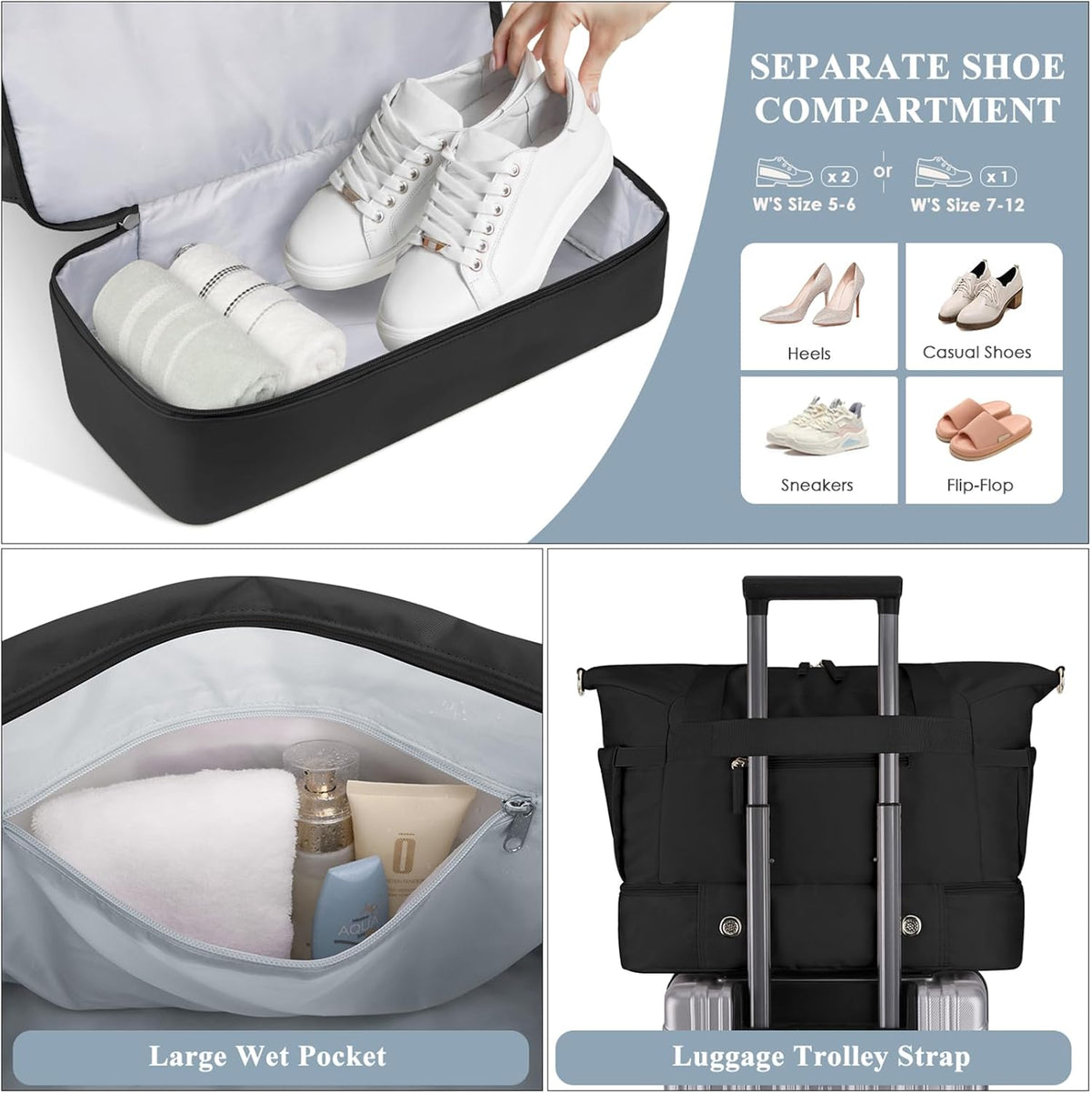Gym Bag for Women, Personal Item Travel Bag with Shoes Compartment, Weekender Overnight Duffel Bag with Wet Pocket, Carry On Bag for Women, Travel, Gym, Weekend